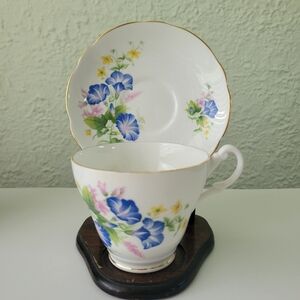 Royal Ascot Bone China Tea Cup & Saucer Blue Morning Glories & Pink Flowers